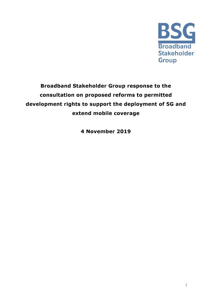 Front cover of BSG Response to 5G consultation - November 2019
